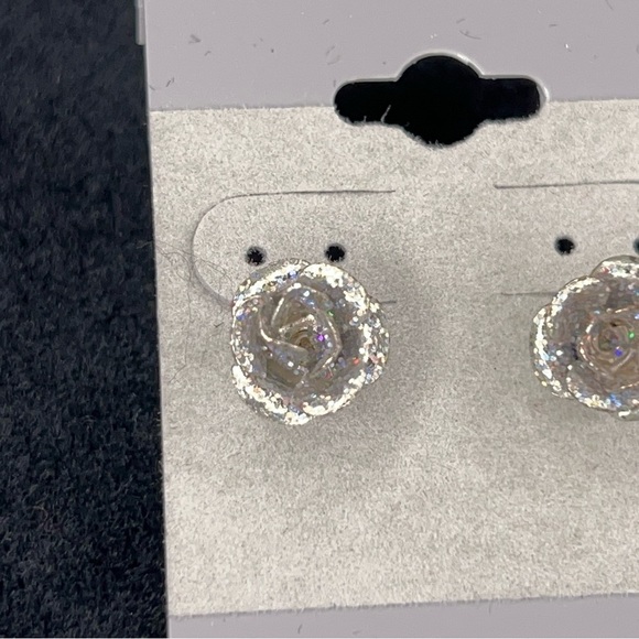 Silver Glitter Rose Earrings Glam Retro Pinup Goth Event Wedding Prom Formal - Picture 4 of 7